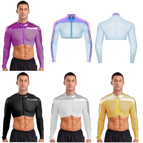Men Glitter Shiny Mesh Sheer Cropped Tops Transparent Tight Rave Party Shirt Top - Picture 2 of 67