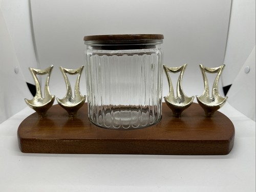 Vintage MCM Aztec Walnut Tobacco Glass Humidor 4 Gold Pipe Holder Rack Set