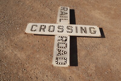 Vintage Metal Railroad Crossing Sign Cat Eye Marbles w/ Bracket Bars 48x48