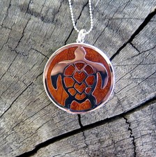 Hawaii Koa Wood Jewelry Silver Honu Turtle Rhodium Plated Brass Pendant BRP1055