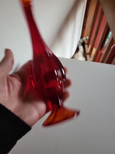 VASO vintage vetro vichingo oscillante allungabile 6 petali MCM rosso arancione amberina 10,25" - Foto 8 di 9