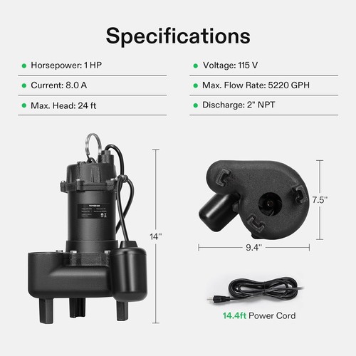 5220 GPH 1 HP Submersible Sewage Pump Cast Iron w/ Automatic Adjustable Float - Picture 6 of 7