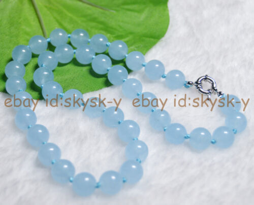 Natural Light Blue Jade 6/8/10/12/14mm Round Gemstone Beaded Necklace 14-48'' - Picture 3 of 9
