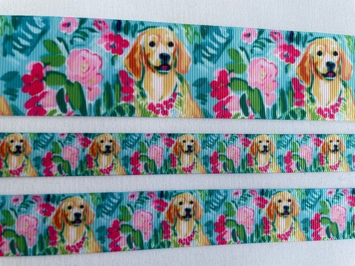 Golden Retriever dog pink aqua blue floral grosgrain ribbon 5/8” 7/8" 1.5” - Picture 5 of 7