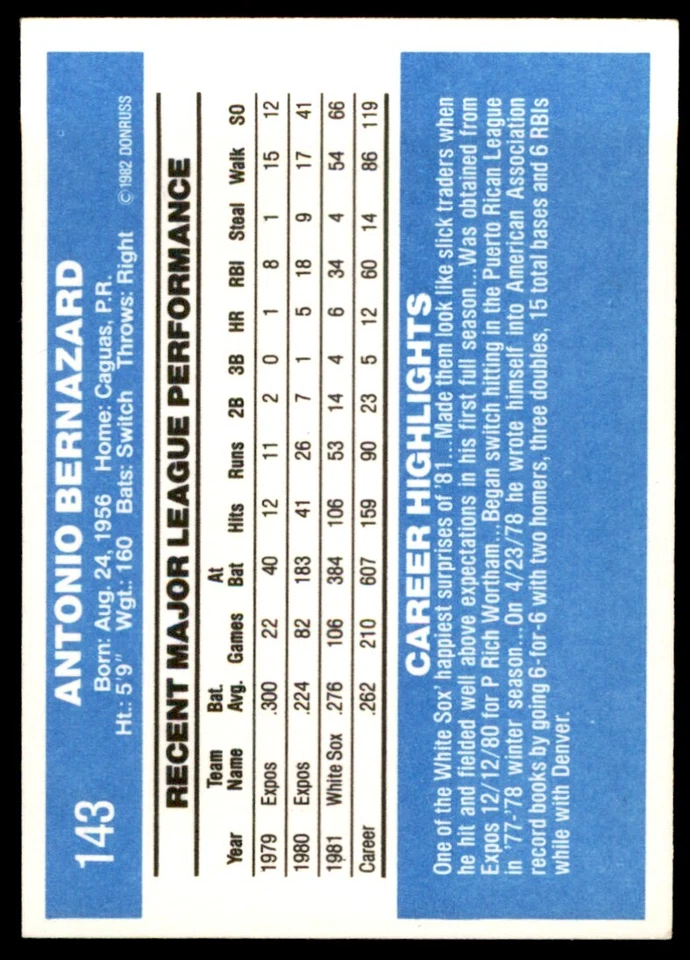 1982 DONRUSS TONY BERNAZARD . CHICAGO WHITE SOX #143 - Image 2 of 2