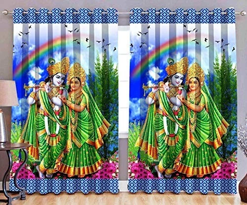Set 2 Polyester 3D Numérique Imprimé Oeillet Rideau pour Porte Radha Krishna