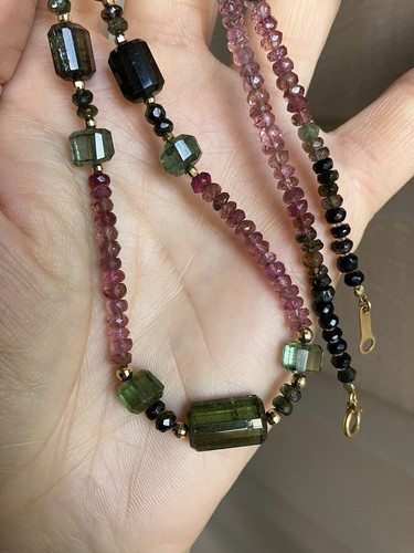 18k yellow gold multicolor tourmaline beaded necklace 22” - Picture 7 of 11