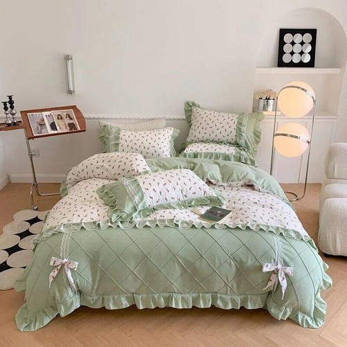 Princess Bow Bedding Set Ruffle Lace Duvet Cover Flat Bed Sheet Pillowcases - Picture 5 of 12