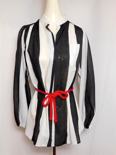 Camicetta tunica DOTTI Neiman Marcus vintage nera bianca a righe con fascia taglia med - Foto 1 di 9