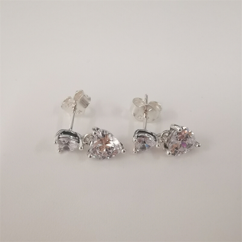PANDORA Sparkling Stud Earrings Sterling Silver S925 ALE Double Heart