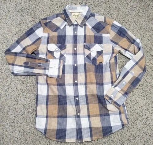 Mens Western Style Button Front Shirt Plaid Small Long Sleeve Blue/Brown Coastal - Picture 4 of 7