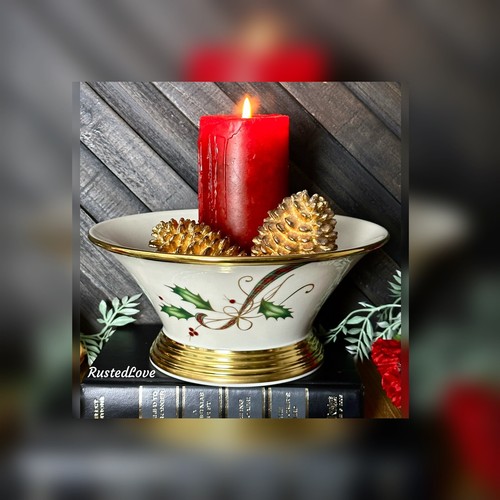 Lenox Holiday Nouveau Round Vegetable Candy Bowl Holly and 24 K Gold Accent USA - Picture 12 of 13