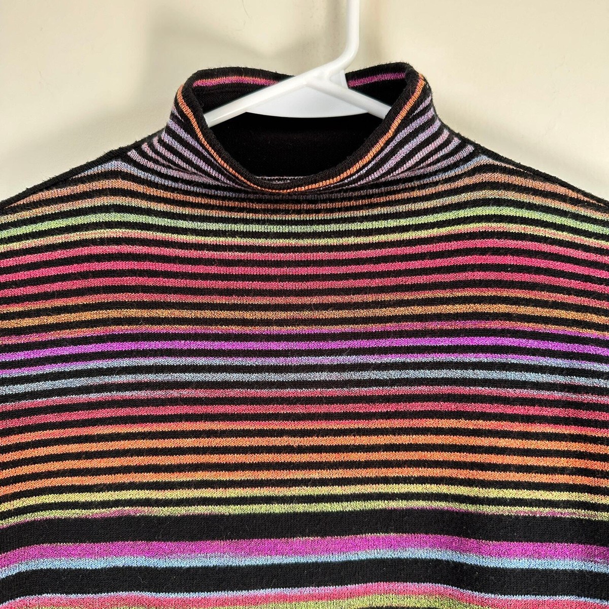Used Womens 70s-80s Unknown Mock Neck Rainbow Stripe Knit Size L 相当 古着 Vintage Rainbow Stripe Mock Neck Knit Sweater Black
