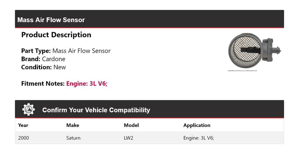 Sensor de flujo de aire de masa Cardone Saturn LW2 3L V6 2000 Foto 2 de 4