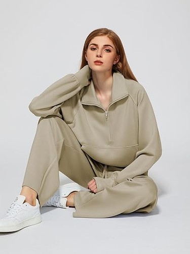 Women's 2 Piece Outfits Lounge Set 2025 Oversized Half Zip Sweatshirt Sweatpant - Picture 58 of 113