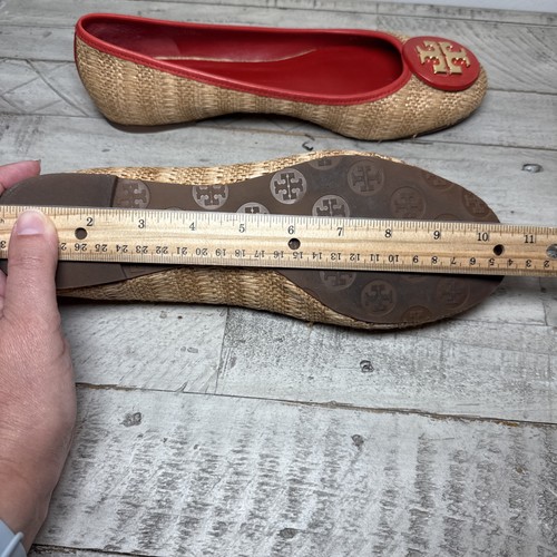 Scarpe basse TORY BURCH Reva taglia 10,5 balletto tessuto naturale rafia beige/rosso paglia - Foto 11 di 11