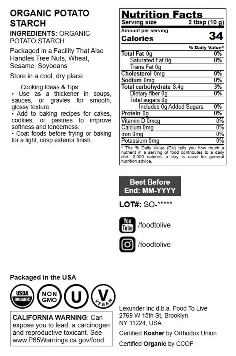 Bio Kartoffelstärke - unmodifiziertes Pulver, gentechnikfrei, reines Mehl, koscher, Großpackung
