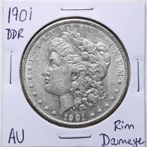 1901 Doubled Die Reverse $1 Morgan Silver Dollar with AU Detail Rim Damage #5961