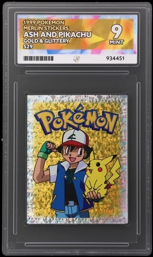 Pokemon Ash & Pikachu S29 Prism Gold ACE 9 Graded Pokemon Merlin Sticker 1999