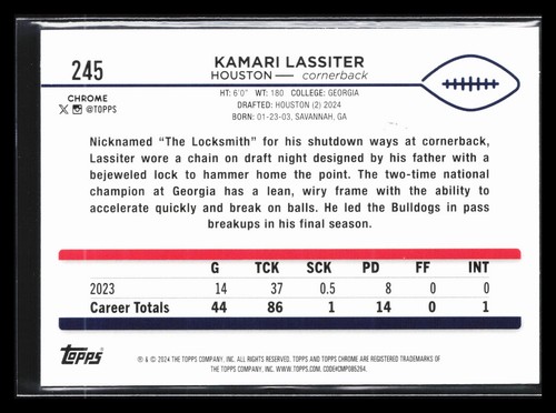 Kamari Lassiter 2024 Topps Chrome ROOKIE RC #245 Houston Texans *194 - Picture 2 of 2
