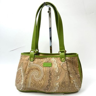 Etro Paisley Tote Bag Beige Green Cotton Leather Gold Hardware Authentic