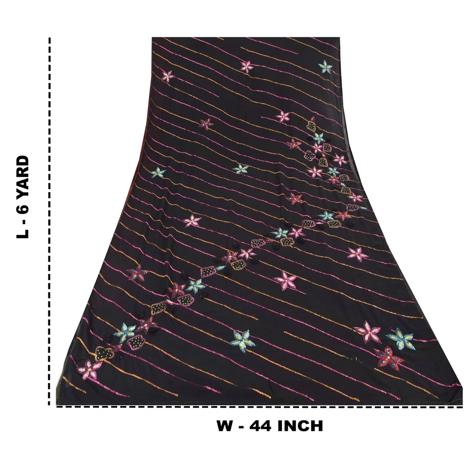 Saris negros de colección Sánskriti seda pura cuentas de mano lentejuelas sari tela artesanal de 6 yardas Foto 4 de 4