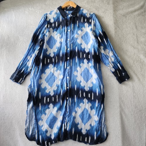 Chicos Leinen Tunika Shirt Damen XL 3 blau weiß Ikat Print Knopf Lagenlook 100%