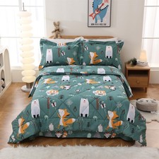 Green Forest Animals Kids Comforter Set Twin Size, 2 Piece Woodland Printed M...