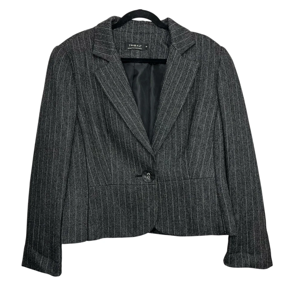 Blazer Tribal Gris Rayas Mezcla Lana Para Mujer Talla 12 Forrado Un Botón Foto 2 de 4