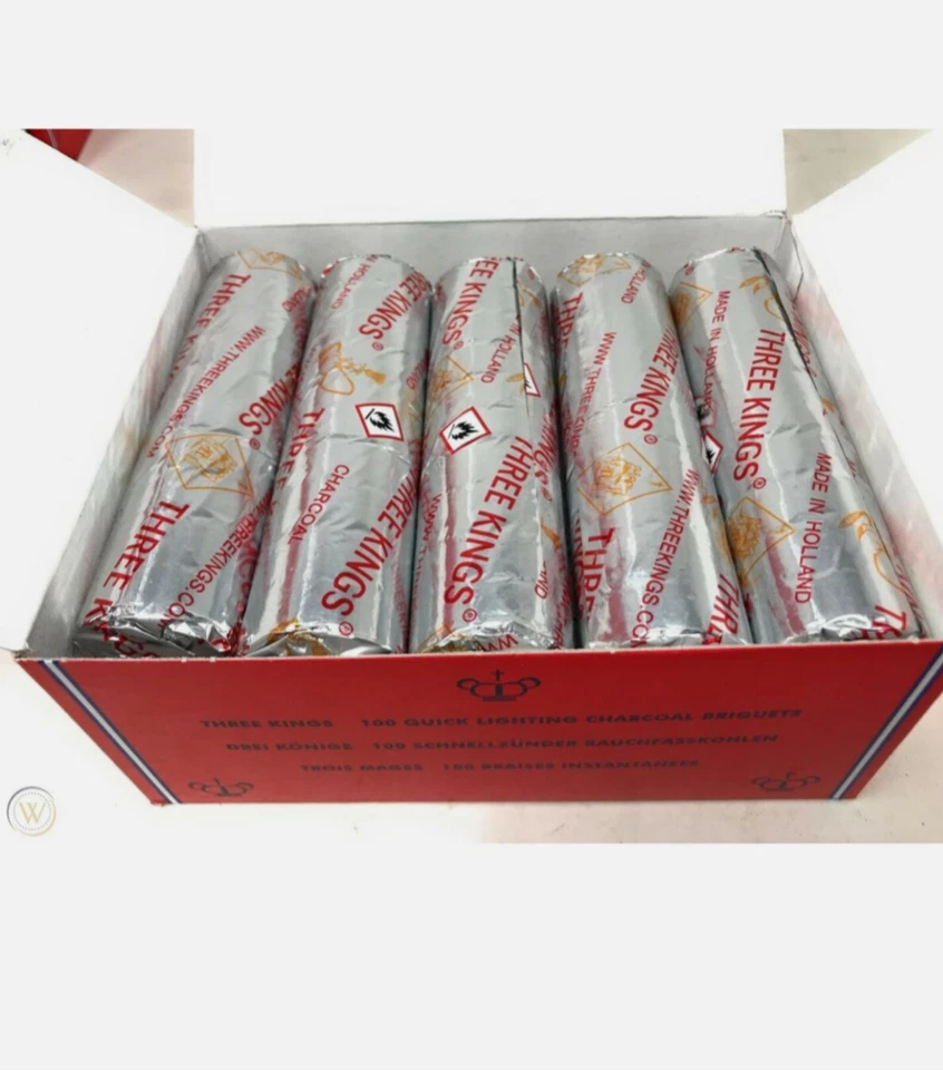 Caja de carbón Three Kings 33 mm caja de 100 piezas de carbones de cachimba de luz rápida para cachimba Foto 3 de 3