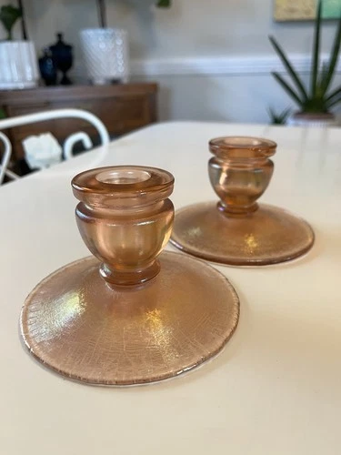 Vintage Fenton Stretch Glass Rose Pink Velva Iridescent Candlesticks 3”t x 4.5”w