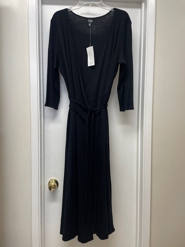 NWT $248 Eileen Fisher Black Wrap Dress Wool Jersey 3/4 Sleeves Tie Sz XL - Picture 2 of 11