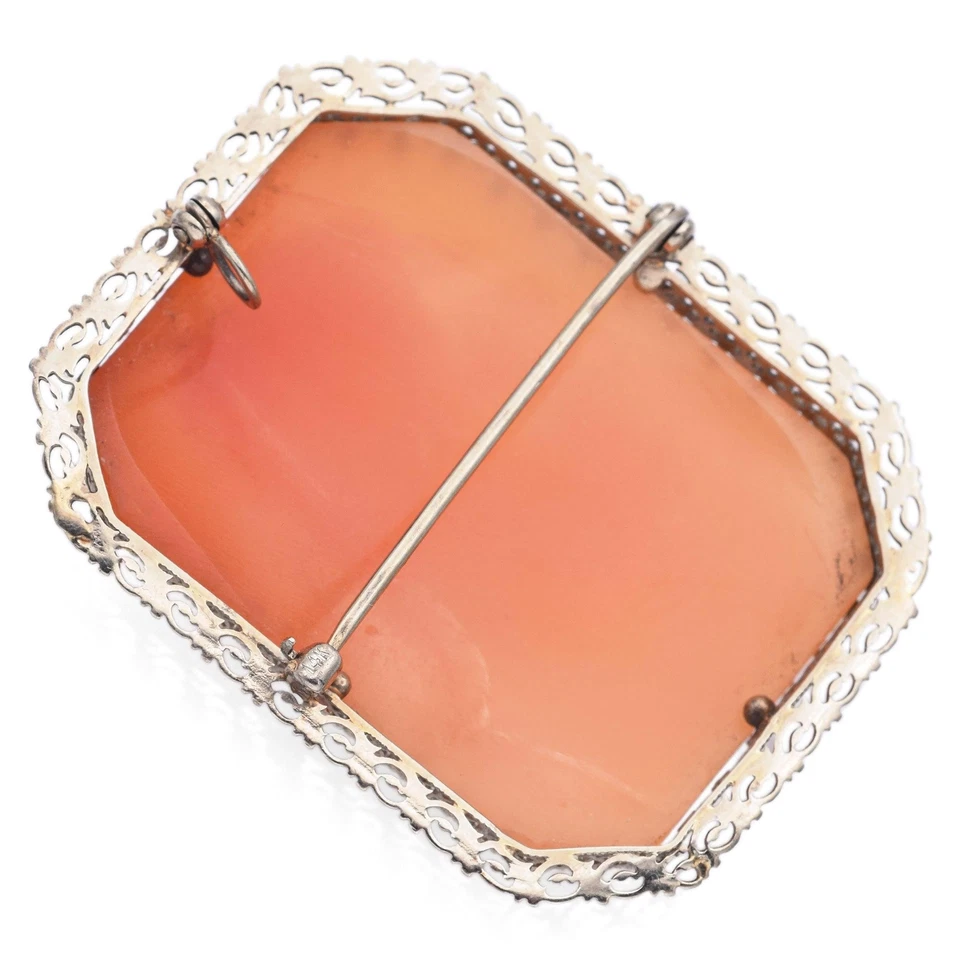 Antiguo broche colgante grande con concha camafeo de oro blanco de 14K Foto 3 de 4