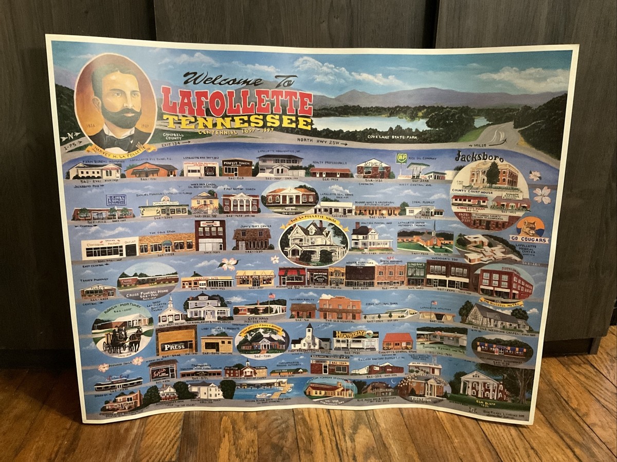 Vintage Lafollette,Tn Cartoon Map Poster 1990s Home Town Graphics