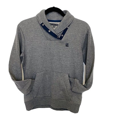 DKNY 89 Boys Sweatshirt Size Medium Gray Navy Blue Shawl Collar Pullover School