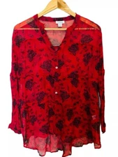 Sundance Elodie Red Black Floral Semi Sheer Floral Tiered Long Sleeve Blouse  S