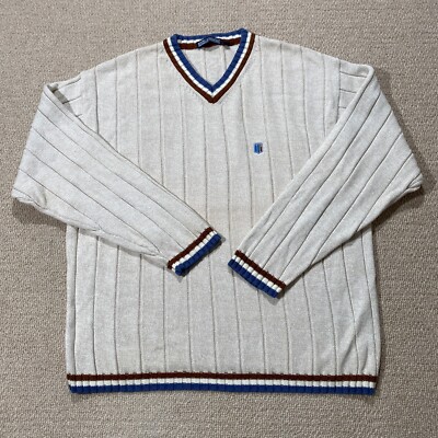 VINTAGE Y2K Jumper Mens XL Beige Striped V Neck Knit Sweater Contrast Pattern