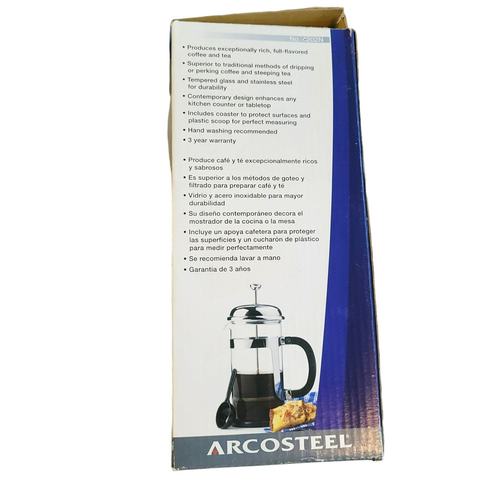 Arcosteel Coffee French Press Glass and Silver 8 Cup with Coaster DH638