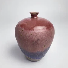 Fantastic Rose Pink Cobalt Blue Vintage Studio Pottery Vase Signed 4”d x 5.75”h