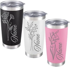 Personalized 20oz Tumbler with Lid, Laser Engraved Cup, Custom Name & Flower