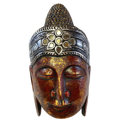 Sublime Buddha Mask Wall sculpture Hand Carved Wood Balinese art Handmade Red