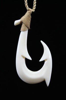 Hawaiian Fish Hook Necklace ( Buffalo Bone ) - Hand Carved, Polynesian, XLarge