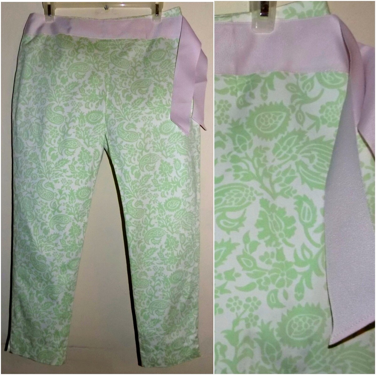 Green print ankle pants Cotton bl Light purple sash Stretch
