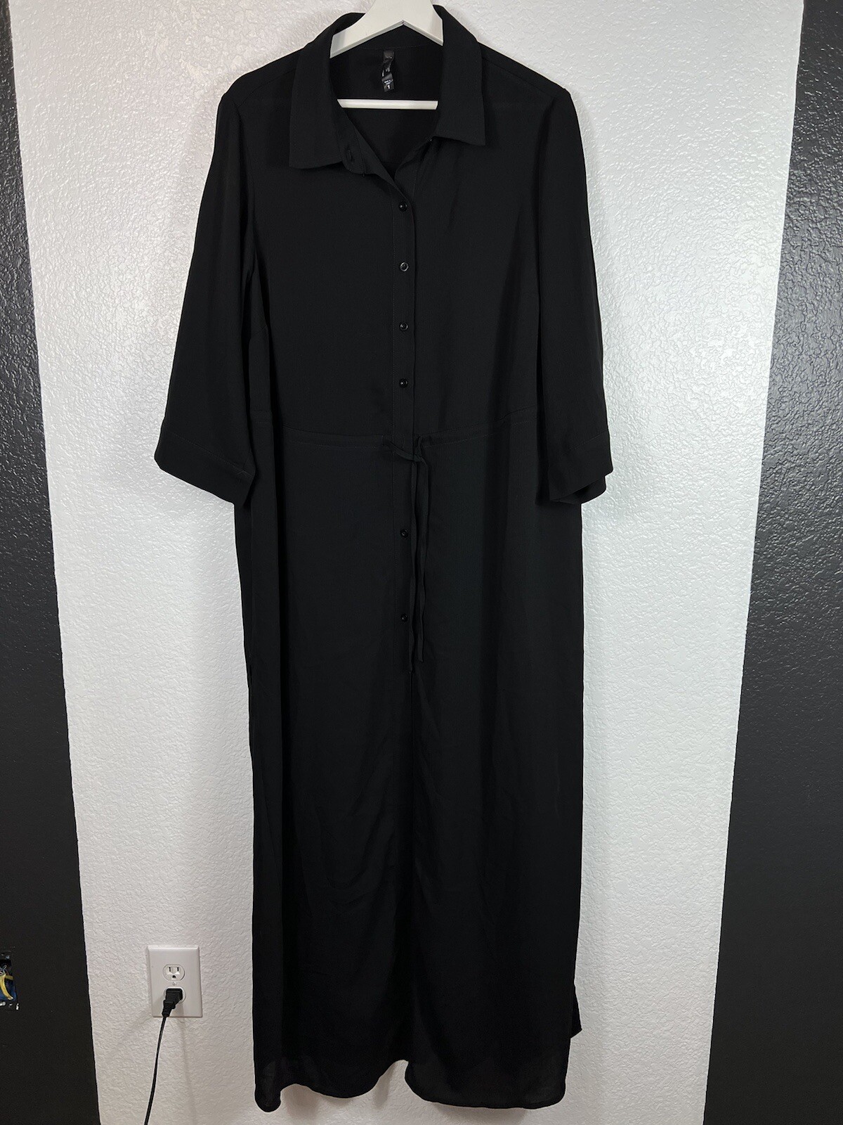 Torrid Maxi Dress Sz 1 Semi Sheer Black Button Front Roll Tab 3/4 Sleeve Slits-image