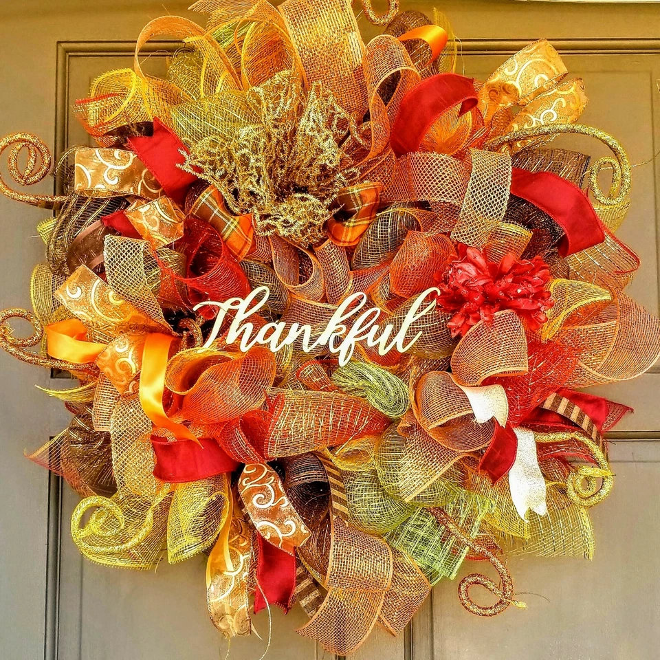 Corona grande de 24" otoño otoño otoño puerta delantera oro decoración hecha a mano Foto 3 de 4