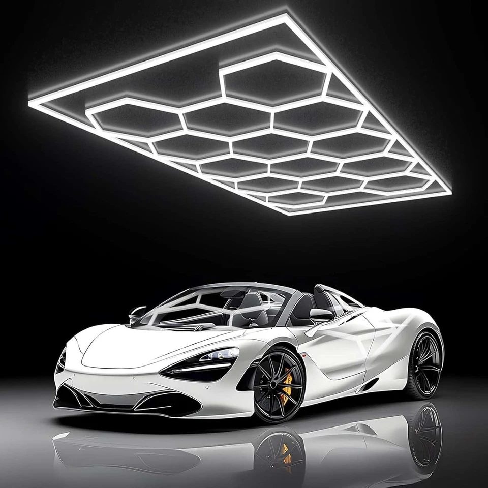 14x Hexagon Waben LED Licht mit Rahmen Superhelle KaltWeiß LED Garage Werkstatt - Bild 1 von 4