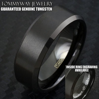 Personalized Engraved Tungsten Carbide Men's Brushed Black Wedding Band Ring