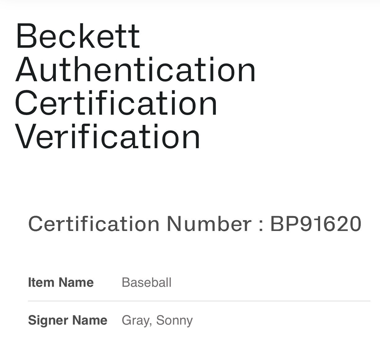 SONNY GRAY LICENSED BECKETT AUTHENTICATED SIGNED NEW MAJOR LEAGUE BASEBALL