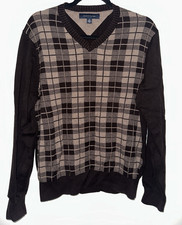 Tommy Hilfiger Men's Brown Beige Cotton Knit Plaid Pullover V-Neck Sweater M