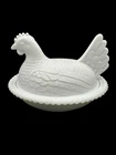 Vintage Indiana White Milk Glass Hen on a Nest Long Chicken in a Basket
